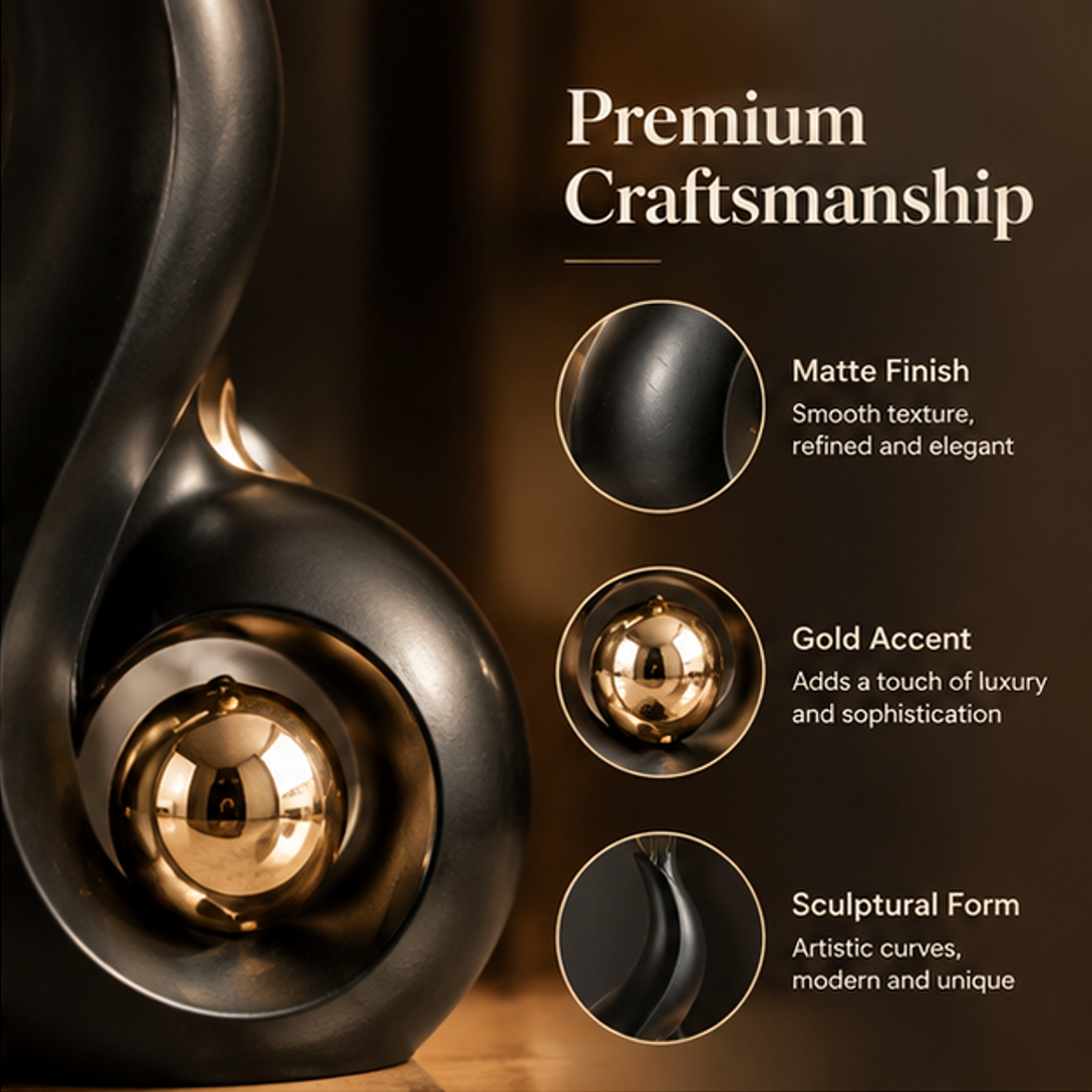 Black matte sculptural vase with text: Premium Craftsmanship, Exquisite details lasting beauty, Smooth Matte Finish Modern and Sophisticated, Golden Sphere Adds a Touch of Luxury, Elegant Opening Perfect for Fresh or Dried Flowers