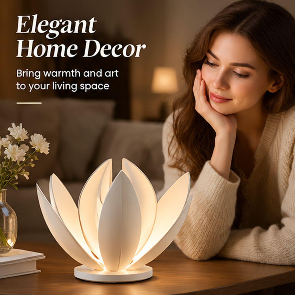 Lotus lamp on bedside table with text: Perfect for Any Space, suitable for Living Room, Bedroom, Study, Dining Room