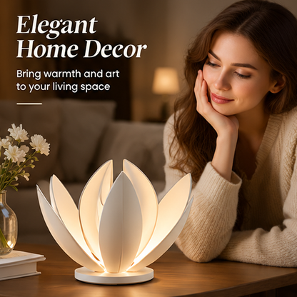 Lotus lamp on bedside table with text: Perfect for Any Space, suitable for Living Room, Bedroom, Study, Dining Room