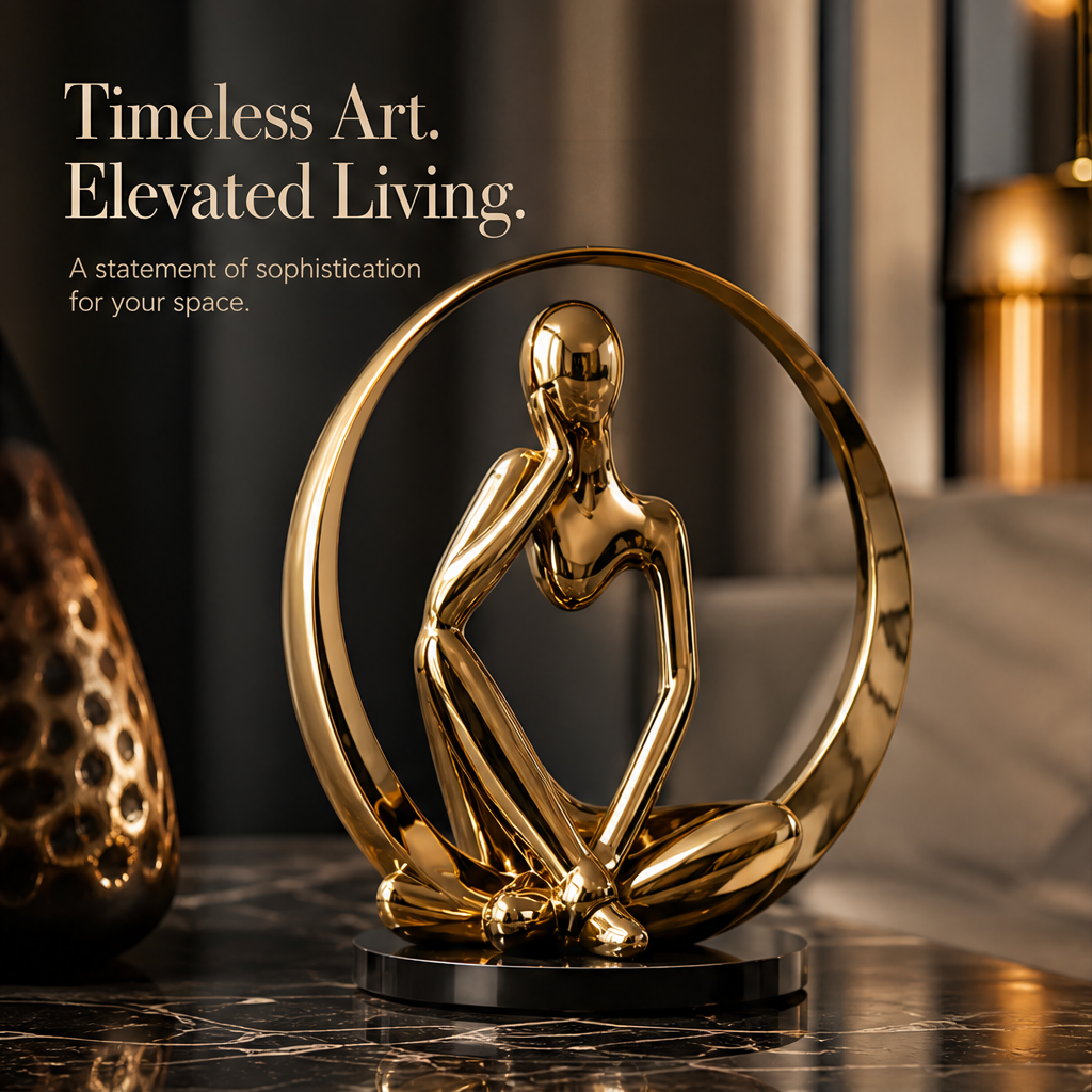 Gold thinker sculpture on dark console with text: Versatile Elegance, perfect for any setting — living room, office, or study