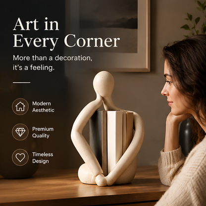 Abstract figure bookend sculpture on shelf with text: Elevate Your Living Space, A stylish accent for your home, office or study