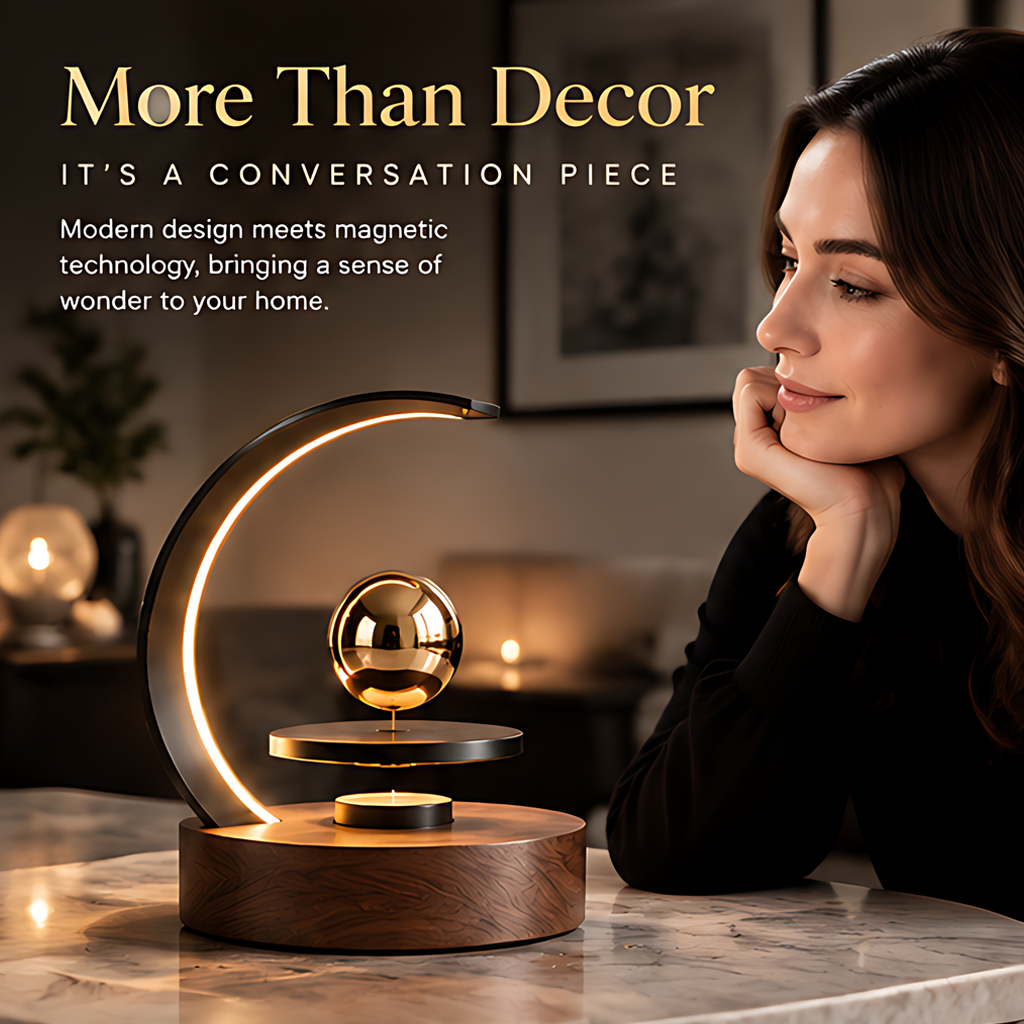 Magnetic levitation moon arc LED lamp on dark console with text: Timeless Design, Beauty in Every Angle, A Perfect Blend of Innovation and Elegance