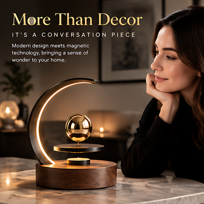 Magnetic levitation moon arc LED lamp on dark console with text: Timeless Design, Beauty in Every Angle, A Perfect Blend of Innovation and Elegance
