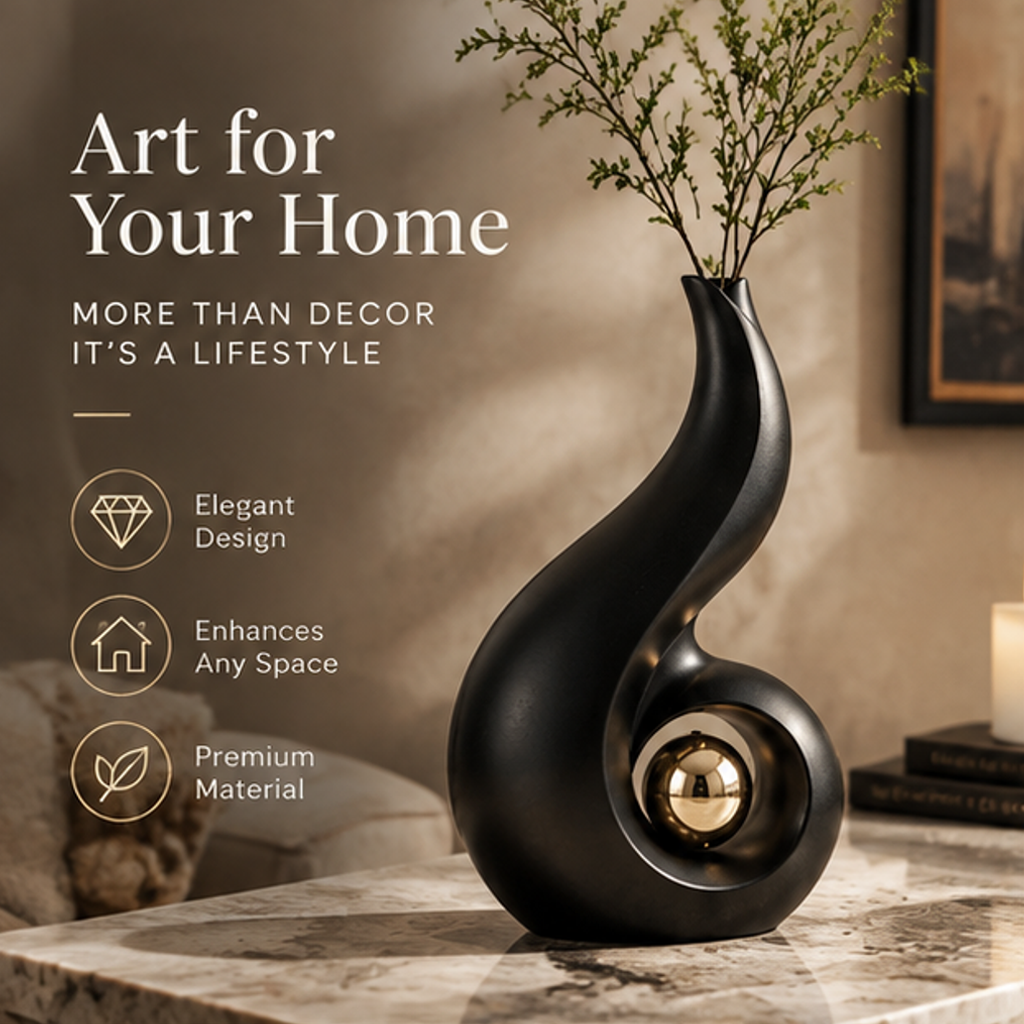 Woman admiring black matte sculptural vase on dark marble table with text: A Statement in Every Room, Timeless Modern Premium
