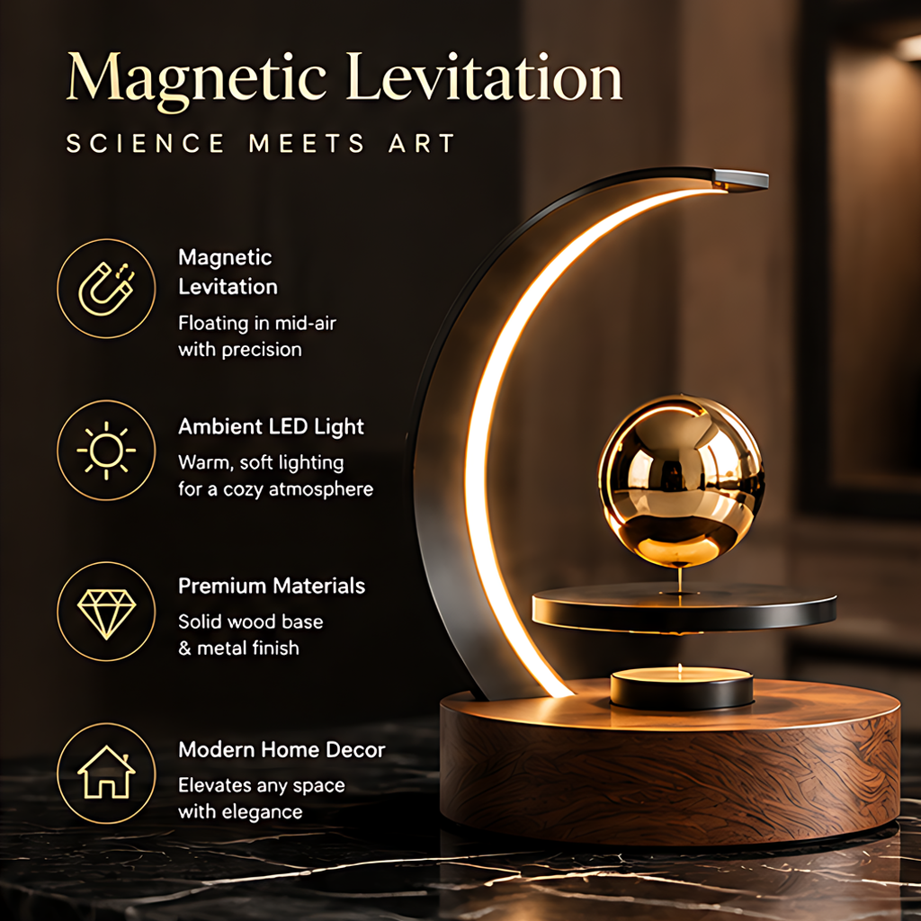 Woman admiring magnetic levitation moon arc lamp with text: More Than Decor, It's a Conversation Piece, Modern design meets magnetic technology bringing a sense of wonder to your home