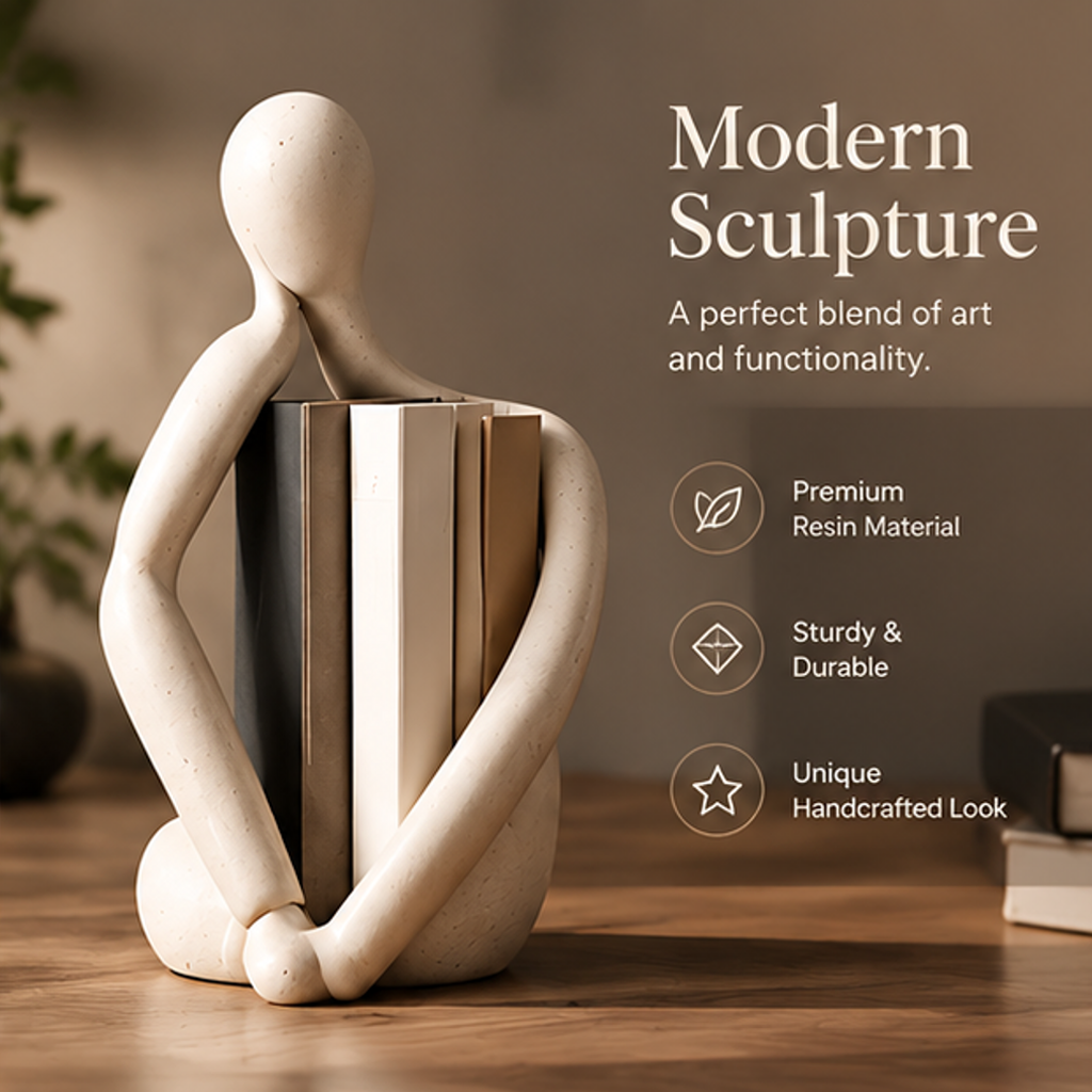 Woman admiring abstract figure bookend sculpture with text: Art in Every Corner, More than a decoration it's a feeling, Modern Aesthetic, Premium Quality, Timeless Design