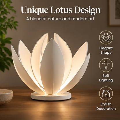 Woman relaxing beside glowing lotus lamp with text: Elegant Home Decor, Bring warmth and art to your living space