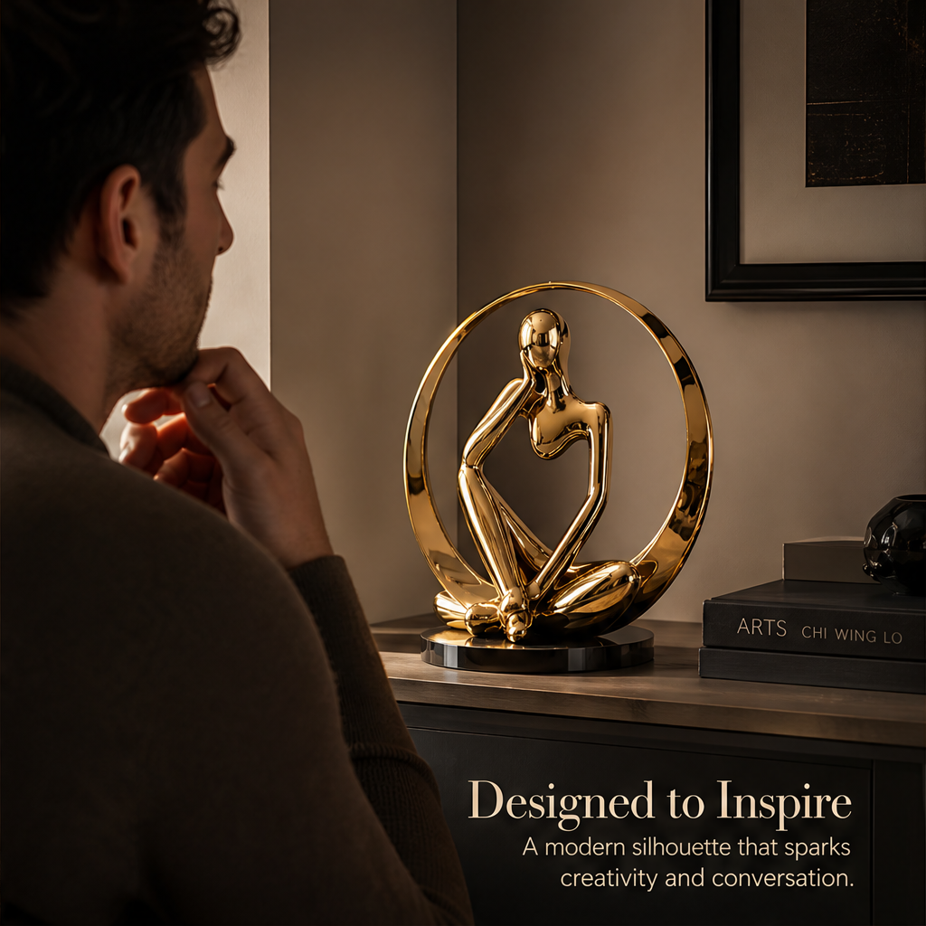 Gold thinker sculpture in luxury interior with text: Timeless Art, Elevated Living, a statement of sophistication for your space