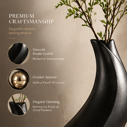 Black matte sculptural vase with branches on marble surface with text: Art for Your Home, More Than Decor It's a Lifestyle, Elegant Design, Enhances Any Space, Premium Material