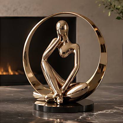Gold thinker sculpture on black marble base displayed on a dark surface beside a fireplace