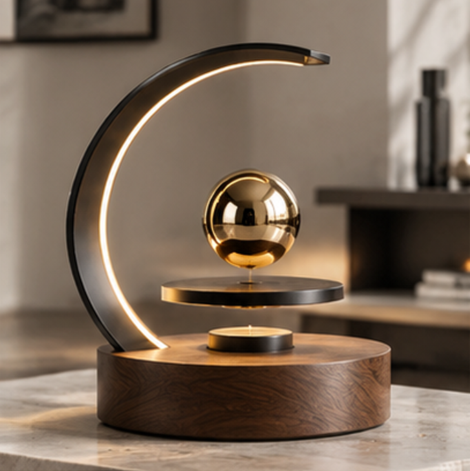 Magnetic levitation moon arc LED lamp with floating gold sphere on a wooden base, displayed on a dark console in a warm interior