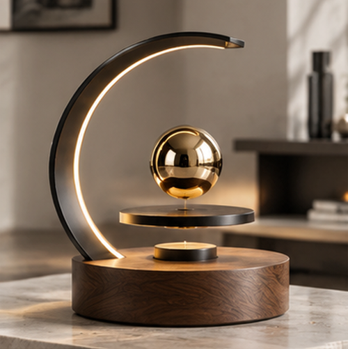Magnetic levitation moon arc LED lamp with floating gold sphere on a wooden base, displayed on a dark console in a warm interior