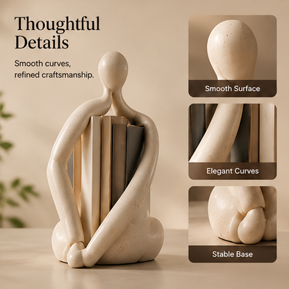 Abstract figure bookend sculpture with text: Modern Sculpture, A perfect blend of art and functionality, Premium Resin Material, Sturdy and Durable, Unique Handcrafted Look