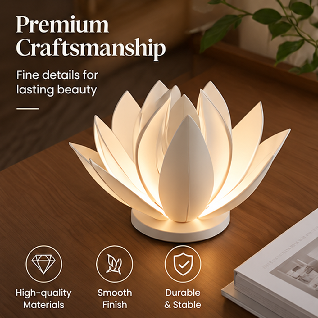 Lotus lamp with feature icons: Elegant Shape, Soft Lighting, Stylish Decoration, Unique Lotus Design