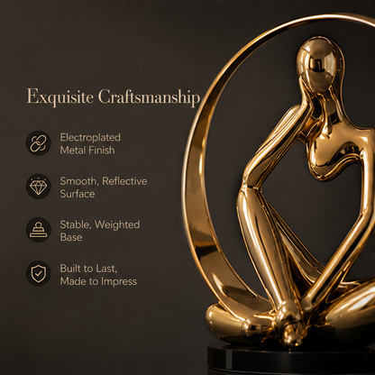 Man contemplating gold thinker sculpture with text: Designed to Inspire, a modern silhouette that sparks creativity and conversation
