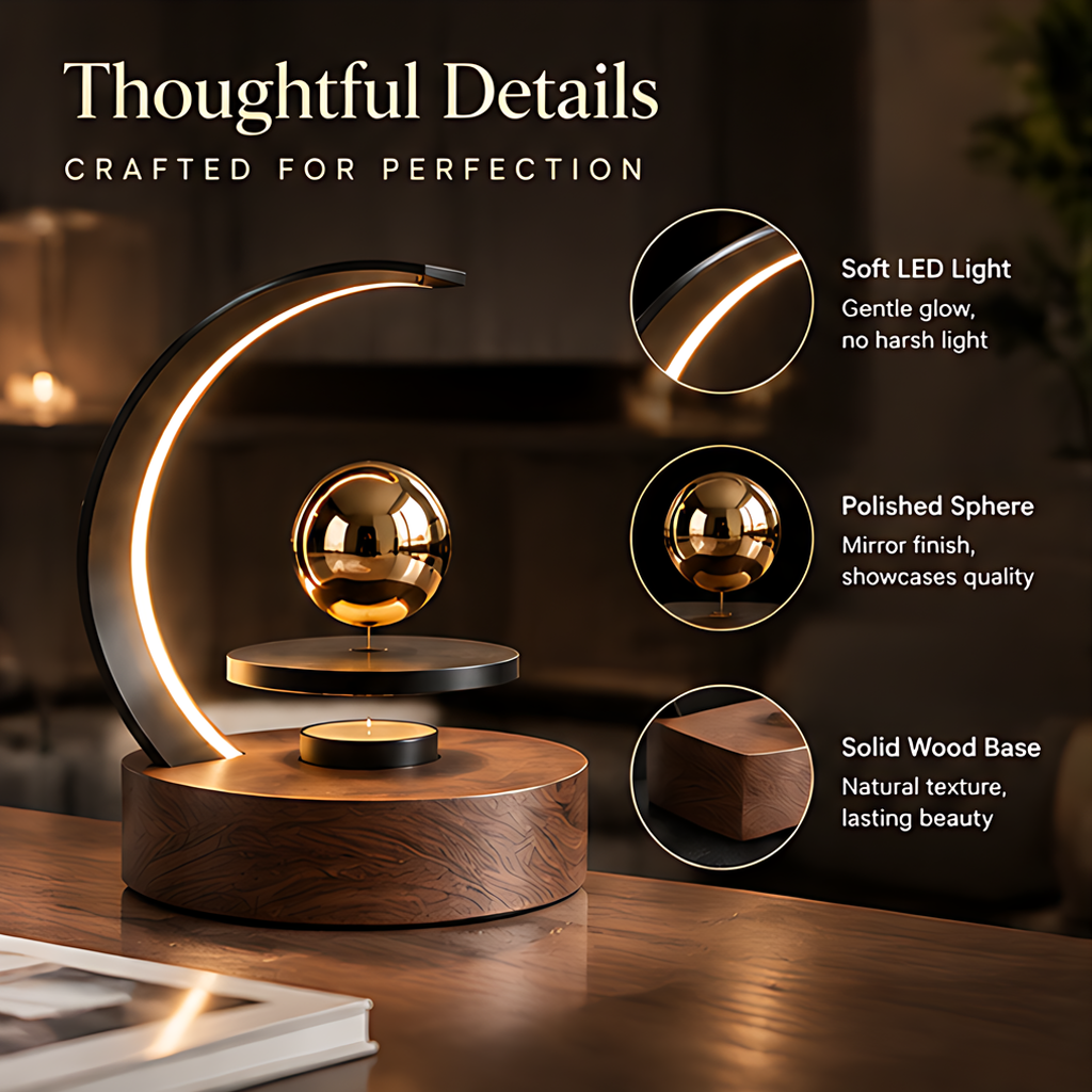 Magnetic levitation lamp with feature icons: Magnetic Levitation floating in mid-air, Ambient LED Light warm soft lighting, Premium Materials solid wood base and metal finish, Modern Home Decor elevates any space