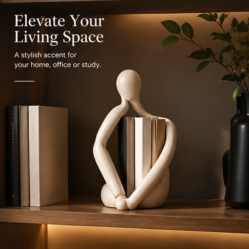Close-up details of abstract figure bookend sculpture with text: Thoughtful Details, Smooth curves refined craftsmanship, Smooth Surface, Elegant Curves, Stable Base