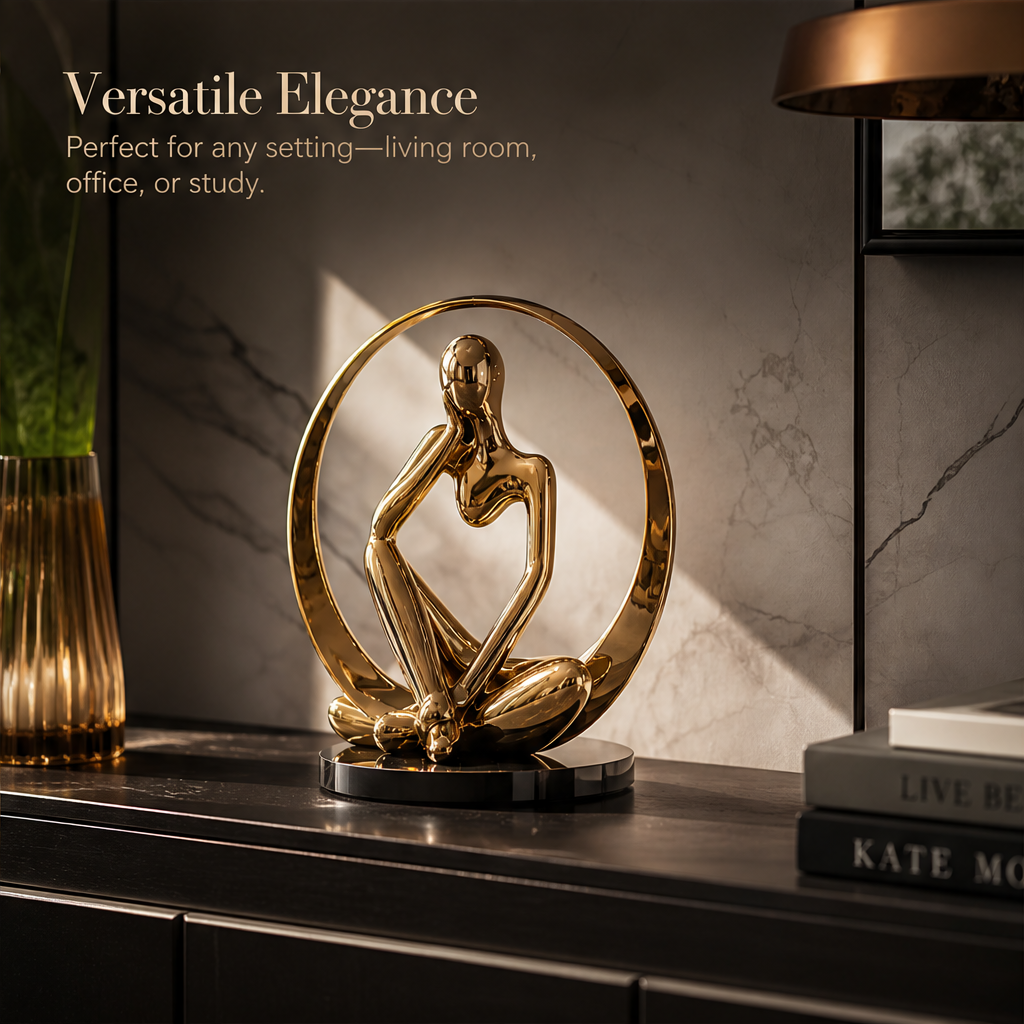 Close-up of gold thinker sculpture with text: Exquisite Craftsmanship, Electroplated Metal Finish, Smooth Reflective Surface, Stable Weighted Base, Built to Last Made to Impress