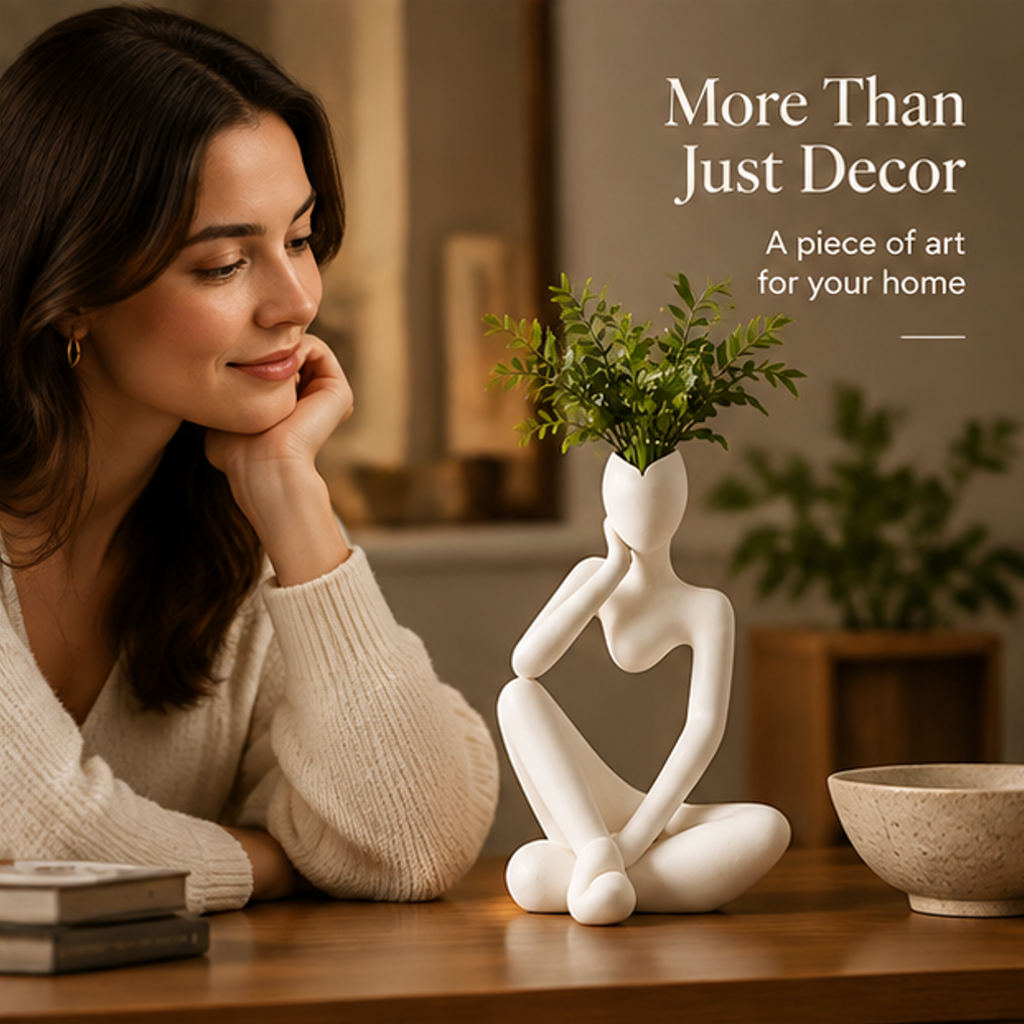 Close-up of abstract thinker figure vase with text: Thoughtful Details, Crafted for Lasting Beauty, Premium Ceramic Material, Smooth Matte Finish, Unique Art Design, Stable Base