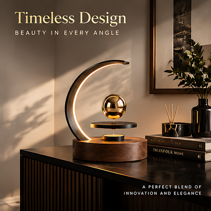 Close-up details of magnetic levitation moon arc lamp with text: Thoughtful Details Crafted for Perfection, Soft LED Light gentle glow no harsh light, Polished Sphere mirror finish, Solid Wood Base natural texture lasting beauty