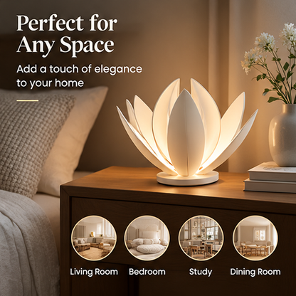 Lotus lamp on wooden table with text: Premium Craftsmanship, High-quality Materials, Smooth Finish, Durable and Stable