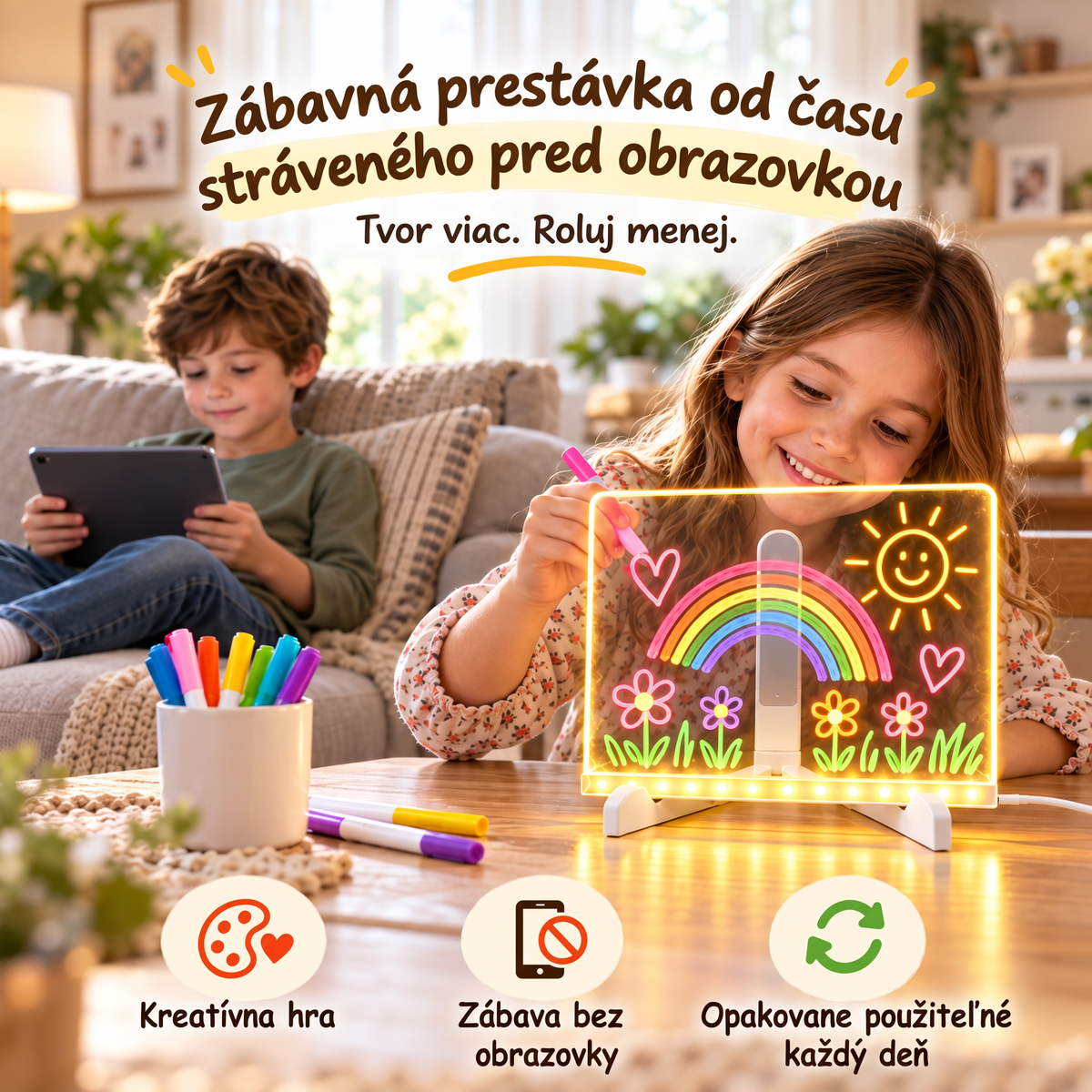 ✨ Akrylová tabuľa s LED podsvietením na kreslenie a písanie poznámok – obsahuje súpravu 7 fixiek 🎨 Rozvíjajte predstavivosť svojho dieťaťa