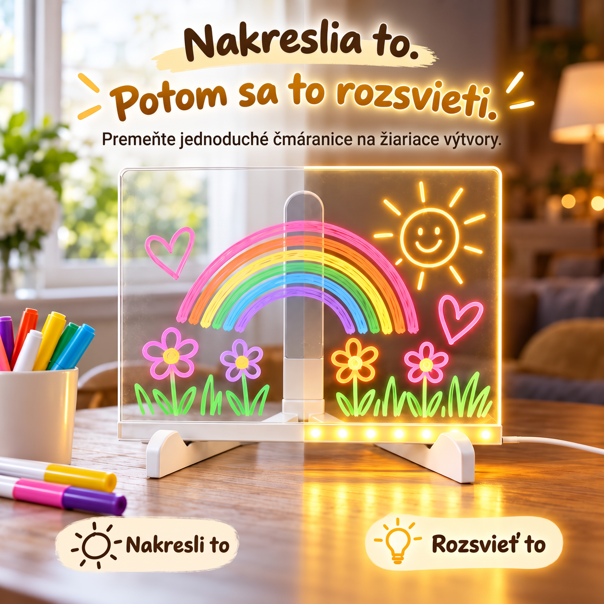 ✨ Akrylová tabuľa s LED podsvietením na kreslenie a písanie poznámok – obsahuje súpravu 7 fixiek 🎨 Rozvíjajte predstavivosť svojho dieťaťa
