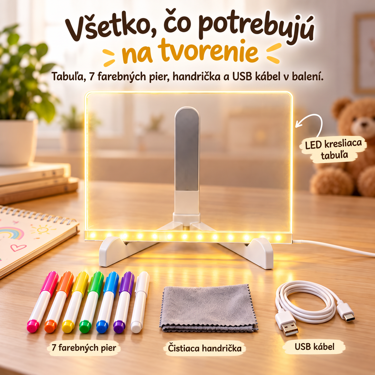 ✨ Akrylová tabuľa s LED podsvietením na kreslenie a písanie poznámok – obsahuje súpravu 7 fixiek 🎨 Rozvíjajte predstavivosť svojho dieťaťa