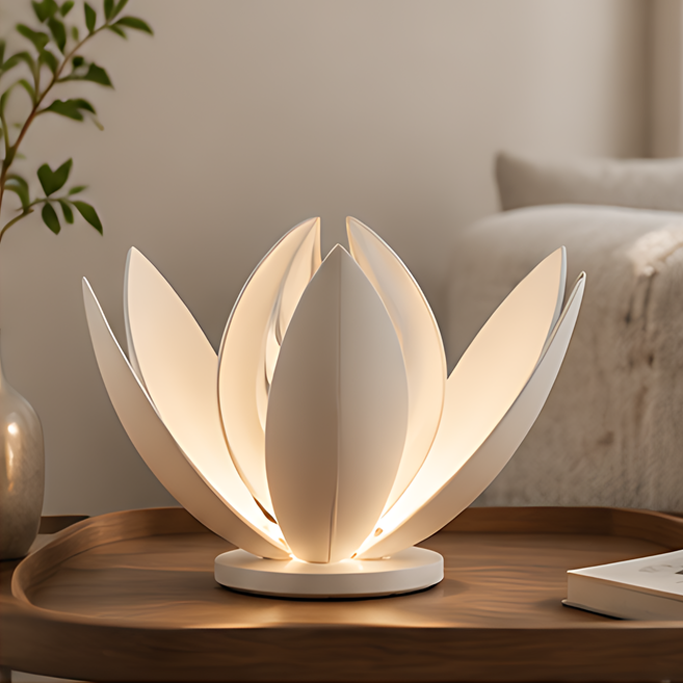White lotus table lamp glowing on a wooden surface in a minimal living room setting