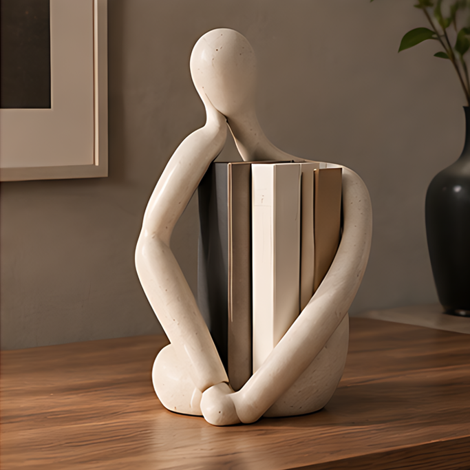 Cream abstract figure bookend sculpture holding books on a wooden shelf with plants and dark vase