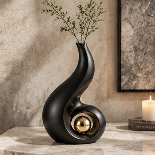 Black matte sculptural vase with gold sphere and dried branches on a marble console in a warm interior